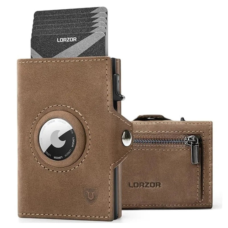 Men's Aluminum RFID Card Holder with Air Tag Slot And Zipper Coin Pocket - Locateable Card Case for Organization